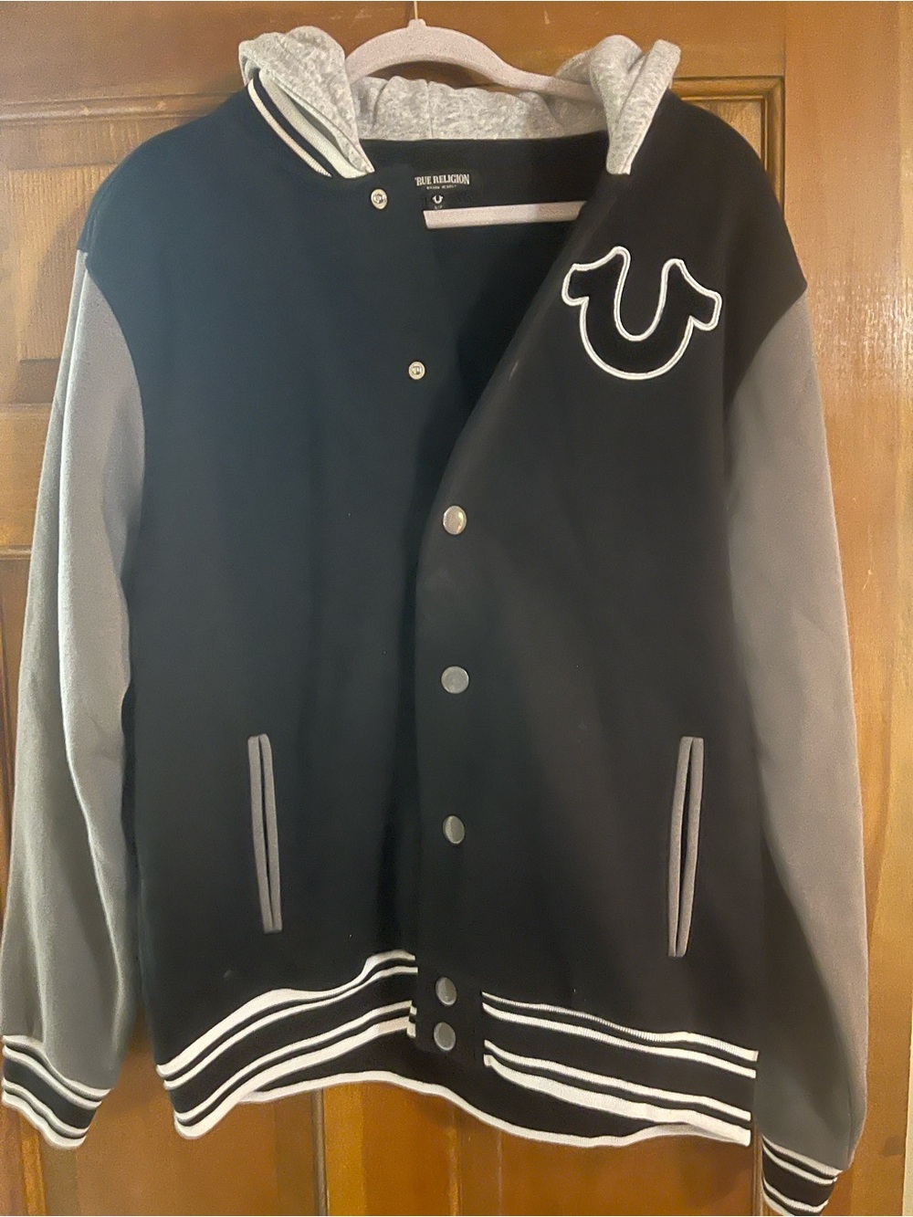 True Religion Black and Gray Varsity Bomber Jacket with Hood